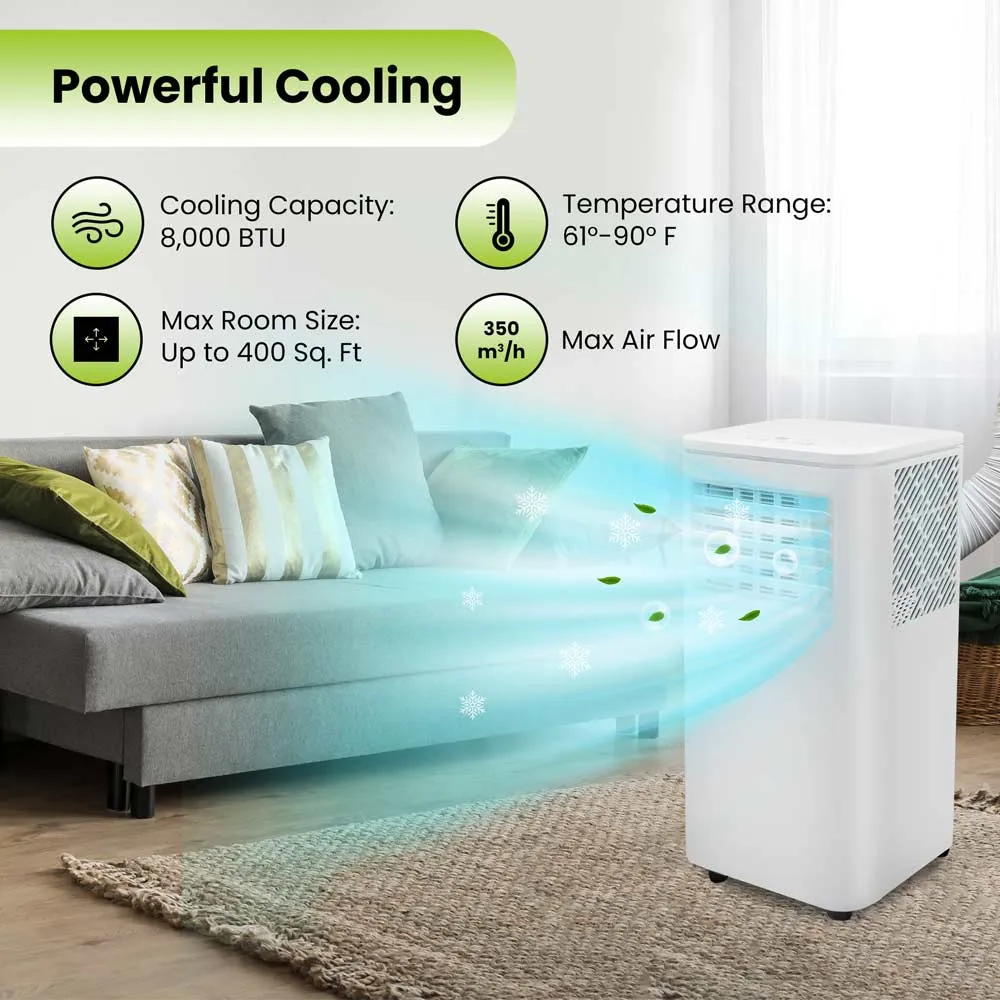 8000 BTU Portable Air Conditioner with Remote, 24H Timer, Dehumidifier, Window Mount Kit Included