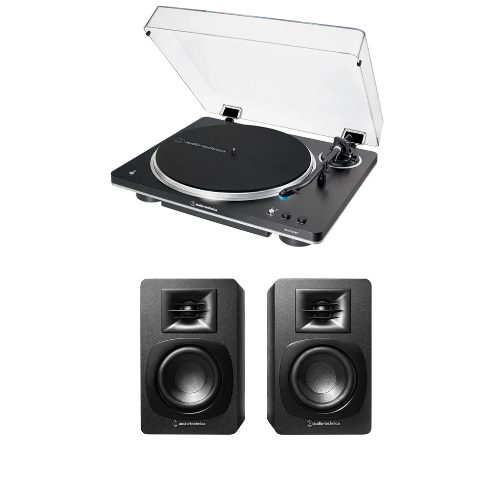 Audio Technica AT-LP70XBT Fully Automatic Bluetooth Wireless Turntable with AT-SP3X Powered Bookshelf Speakers HiFi Package Black