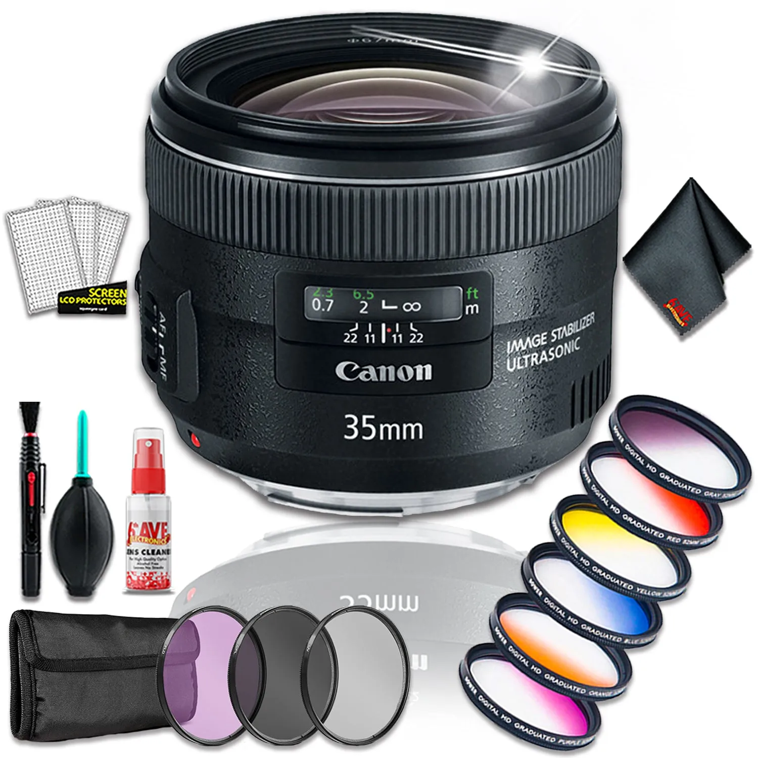 Canon EF 35mm f/2 IS USM Lens (Intl Model) w/ Premium Lens Filter Kit and Cleaning Kit