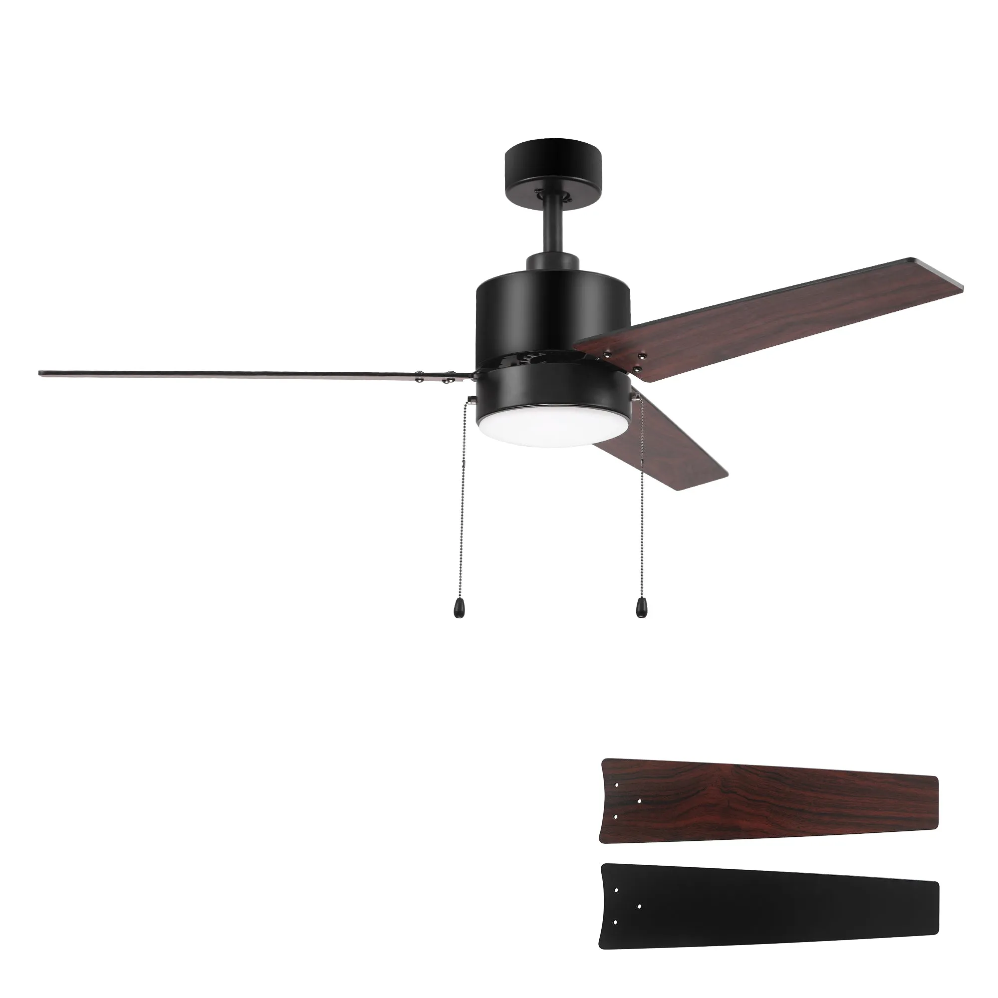 EMPIRE 52 inch 3-Blade Ceiling Fan with Pull Chain - Black/Black & Cherrywood (Reversible Blades)