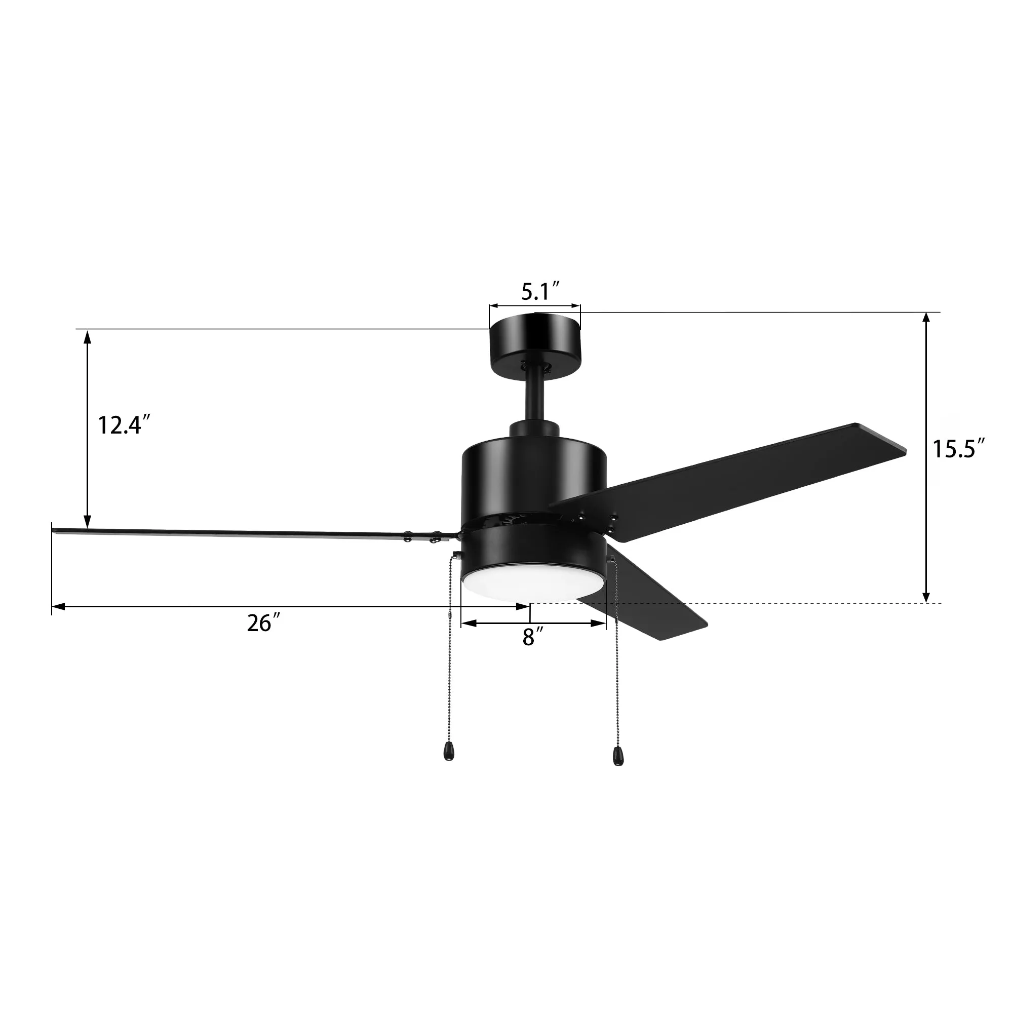 EMPIRE 52 inch 3-Blade Ceiling Fan with Pull Chain - Black/Black & Cherrywood (Reversible Blades)