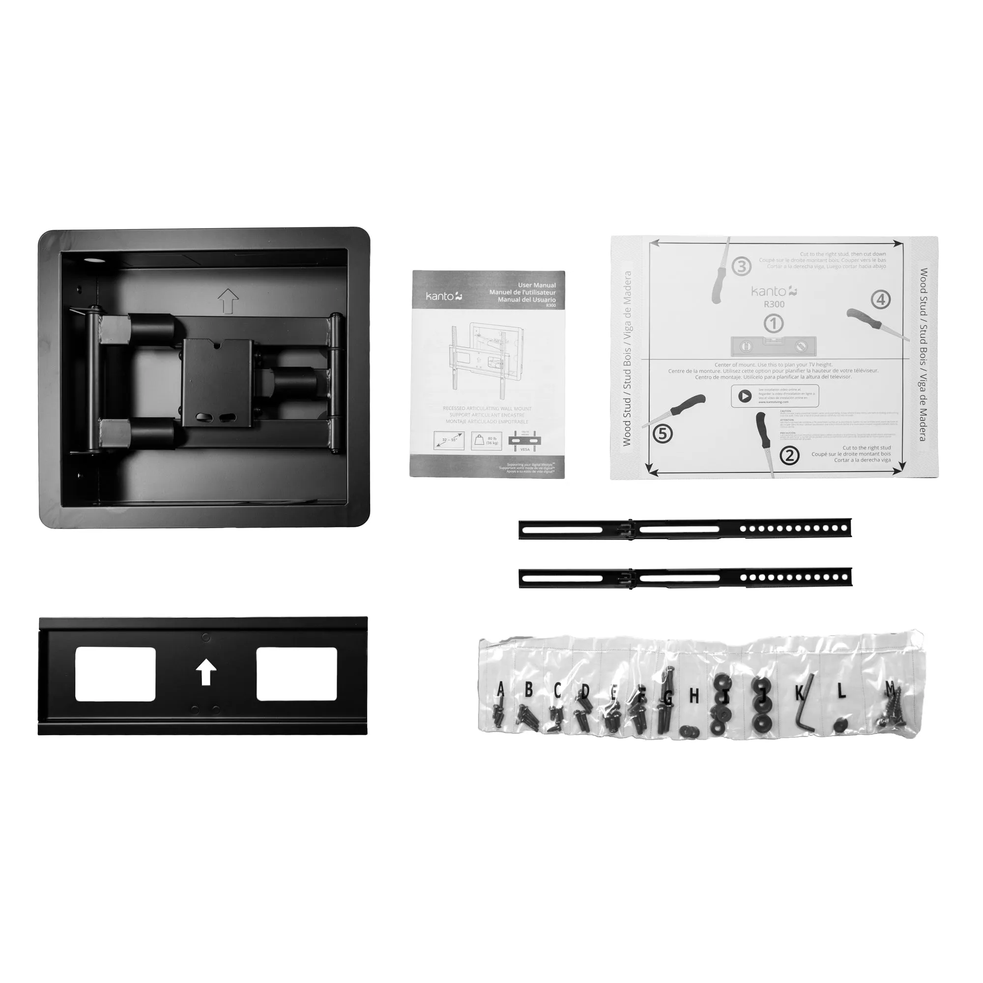 Low Profile Recessed In-Wall Full Motion TV Wall Mount for 32" to 55" TVs - R300