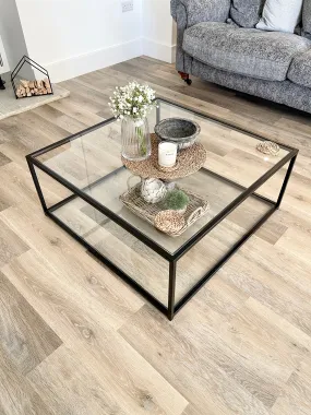 Mila Square Metal Glass Coffee Table With Shelf - Black