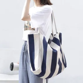 Striped canvas tote large capacity shoulder bag