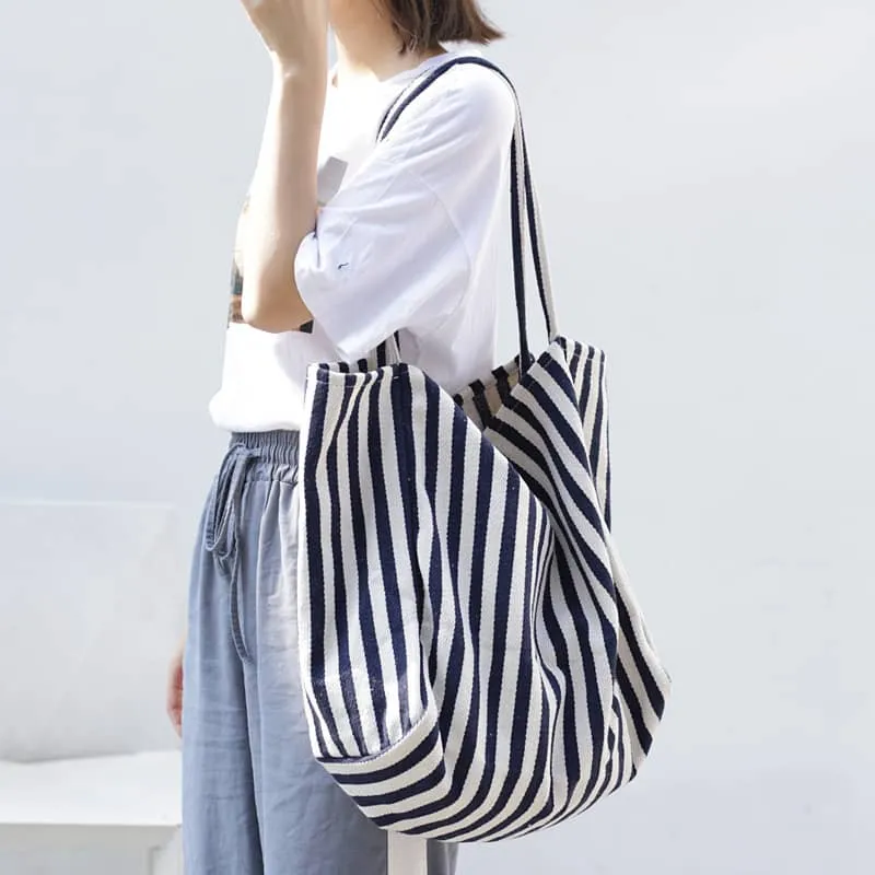 Striped canvas tote large capacity shoulder bag