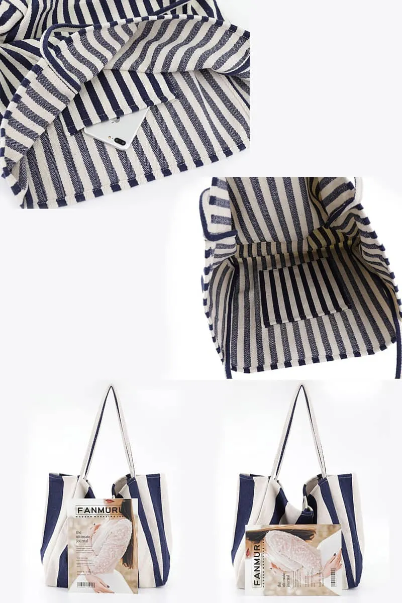 Striped canvas tote large capacity shoulder bag